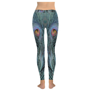 Peacock Feathers Blue Low Rise Leggings (Invisible Stitch) (Model L05)