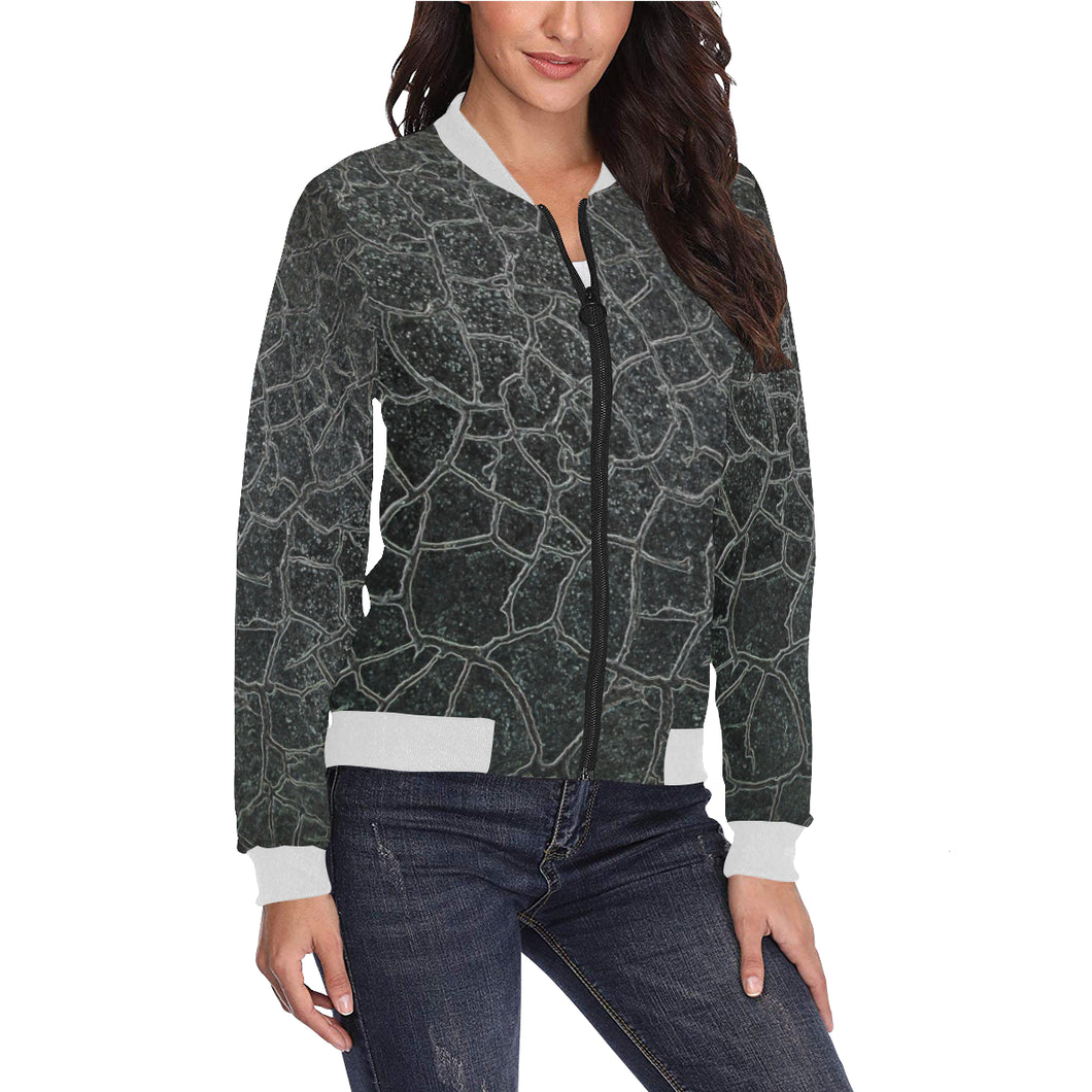 Crackle Black All Over Print Bomber Jacket for Women (Model H36)