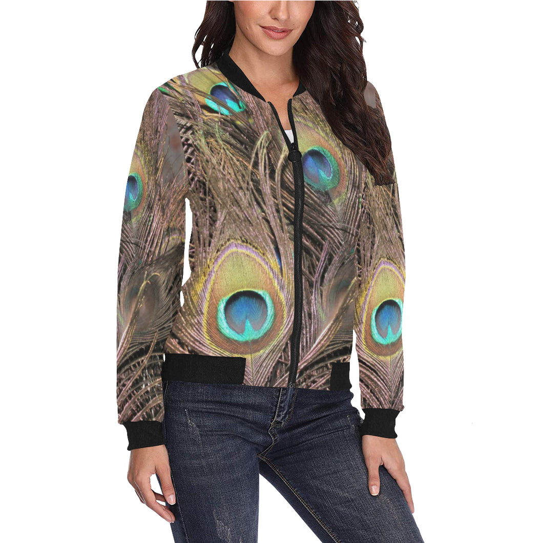 Peacock Feathers All Over Print Bomber Jacket for Women (Model H36)