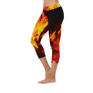 Feathery Flames Red New Low Rise Capri Leggings (Flatlock Stitch) (Model L09)
