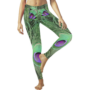 Peacock Feathers Green Low Rise Leggings (Invisible Stitch) (Model L05)