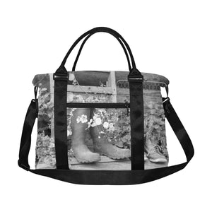 Blooming Boots Flower Black and White Large Capacity Duffle Bag (Model 1715)