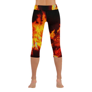 Feathery Flames Red New Low Rise Capri Leggings (Flatlock Stitch) (Model L09)