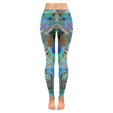 Graffiti Abstract Aqua Low Rise Leggings (Invisible Stitch) (Model L05)