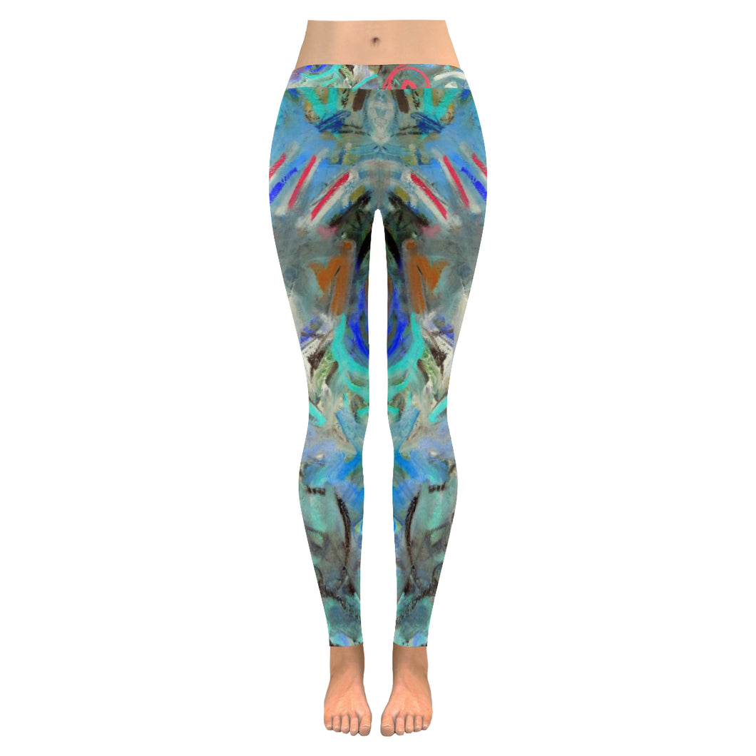 Graffiti Abstract Aqua Low Rise Leggings (Invisible Stitch) (Model L05)