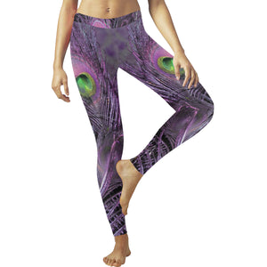 Peacock Feathers Purple Low Rise Leggings (Invisible Stitch) (Model L05)