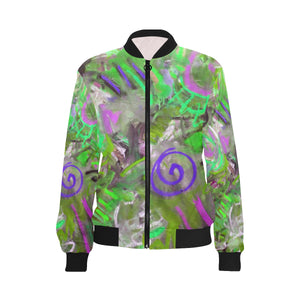 Graffiti Abstract Green All Over Print Bomber Jacket for Women (Model H36)