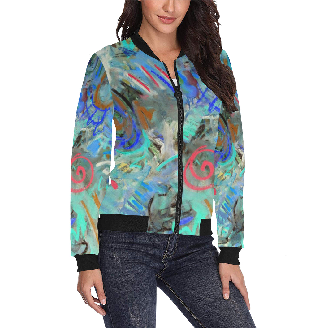 Graffiti Abstract Aqua All Over Print Bomber Jacket for Women (Model H36)