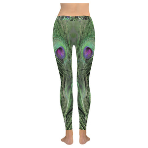 Peacock Feathers Green Low Rise Leggings (Invisible Stitch) (Model L05)