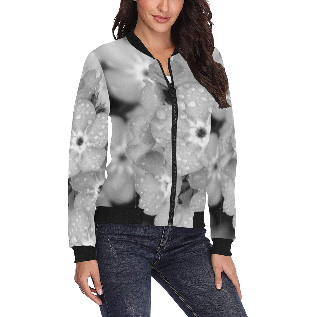 Forget Me Not Flower Black and White All Over Print Bomber Jacket for Women (Model H36)