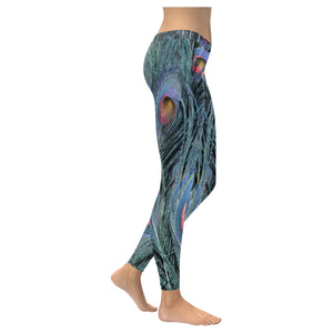 Peacock Feathers Blue Low Rise Leggings (Invisible Stitch) (Model L05)
