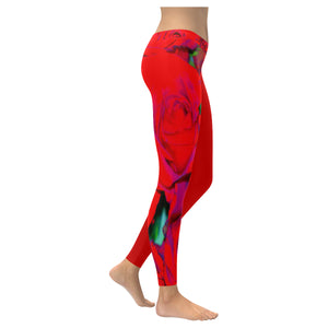 Rose Bouquet Flower Red Low Rise Leggings (Invisible Stitch) (Model L05)