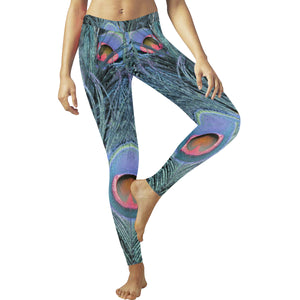Peacock Feathers Blue Low Rise Leggings (Invisible Stitch) (Model L05)