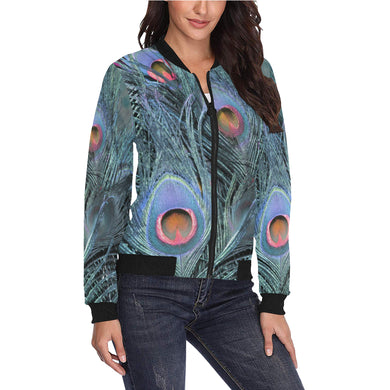 Peacock Feathers Blue All Over Print Bomber Jacket for Women (Model H36)