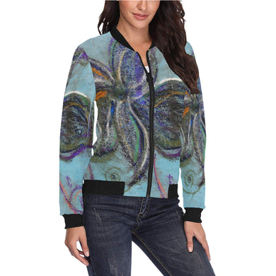 Graffiti Flower Blue All Over Print Bomber Jacket for Women (Model H36)