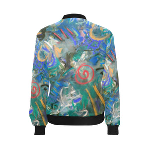 Graffiti Abstract Blue All Over Print Bomber Jacket for Women (Model H36)