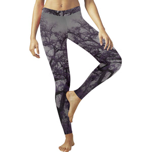 Spooky Tree Purple Low Rise Leggings (Invisible Stitch) (Model L05)