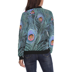 Peacock Feathers Blue All Over Print Bomber Jacket for Women (Model H36)