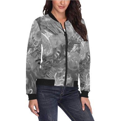 Graffiti Abstract Black and White All Over Print Bomber Jacket for Women (Model H36)