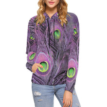 Load image into Gallery viewer, Peacock Feathers Purple All Over Print Hoodie for Women (USA Size) (Model H13)