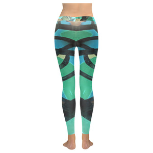 Abstract Circles Black and Teal Low Rise Leggings (Invisible Stitch) (Model L05)