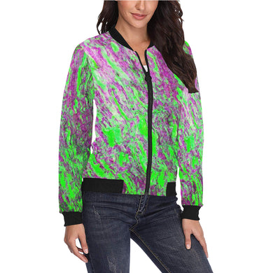 Marbled Abstract Green and Purple All Over Print Bomber Jacket for Women (Model H36)